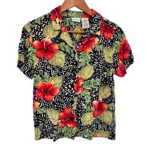 White Stag Womens Button‎ Down Shirt Medium Hawaiian Hibiscus Floral Tropical